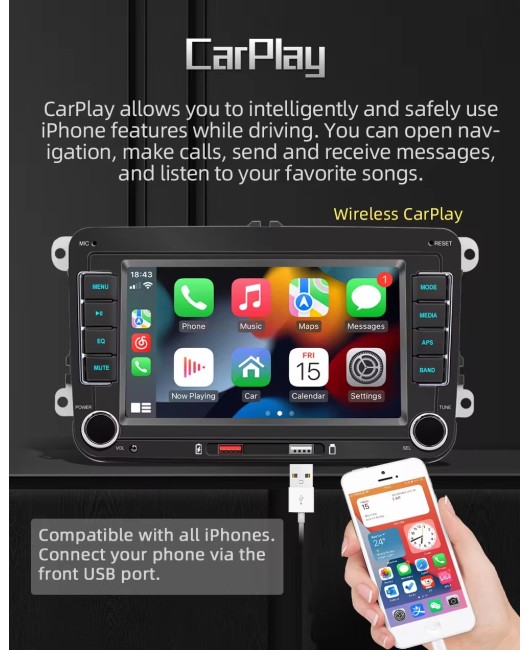 7" 2 Din HD Car Media Video RDS Airplay Car Radio Wireless CarPlay Android Auto Stereo Audio For VW/Seat/Skoda/Passat/Golf/Polo