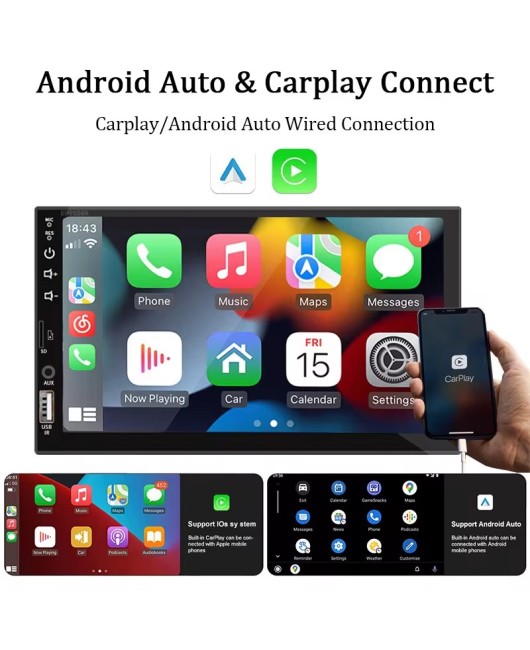 7“ Car Radio 1 Din Carplay Android Auto Multimedia Player HD Touch Screen FM AUX Input Bluetooth MirrorLink Universal Autoradio