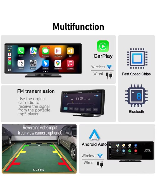 10.26 Inch IPS Screen Wireless CarPlay Android Auto Multimedia Video Player Reverse Camera Monitor Bluetooth FM Transmitter USB