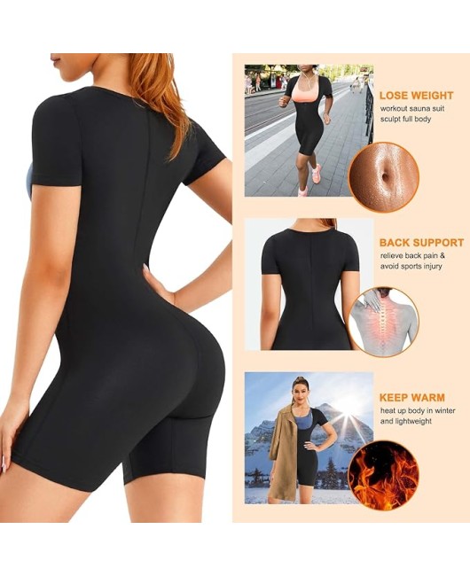 Sauna Suit for Women Sweat Vest Waist Trainer 3 in 1 Slimming Full Body Shaper Workout Top with Sleeve Shorts