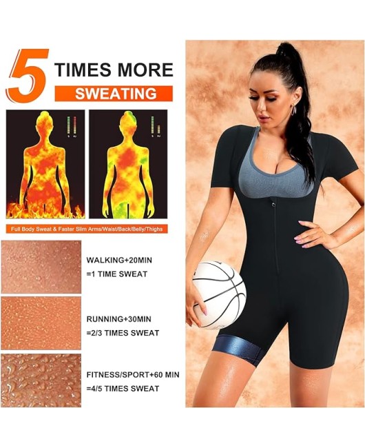 Sauna Suit for Women Sweat Vest Waist Trainer 3 in 1 Slimming Full Body Shaper Workout Top with Sleeve Shorts