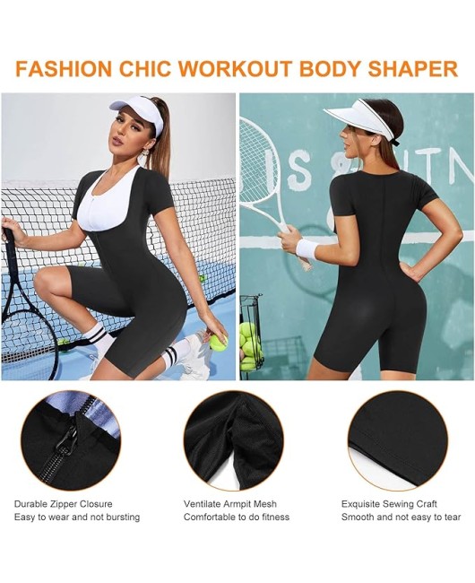 Sauna Suit for Women Sweat Vest Waist Trainer 3 in 1 Slimming Full Body Shaper Workout Top with Sleeve Shorts