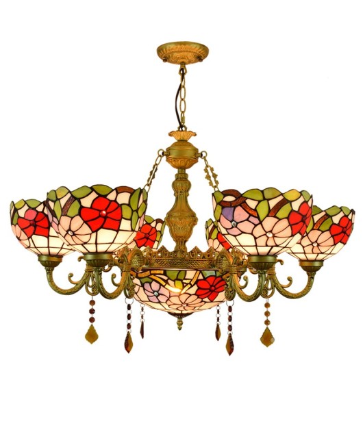 Europa Tiffany Vintage Countryside Red Joyful Morning Glory Restaurant Bar Clubhouse Multi Head Crystal Pendant Light