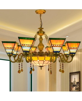 Retro square European style Tiffany colored glass living room, dining room, bedroom, multi head crystal chandelier, Southeast Asian style