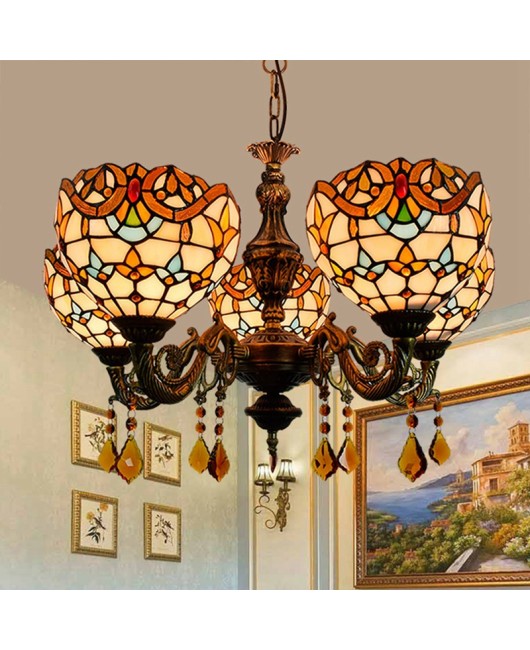 Europa Tiffany Vintage Creative Colored Glass Living Room Dining Room Bedroom Bar Crystal Baroque 5-Head Pendant Light