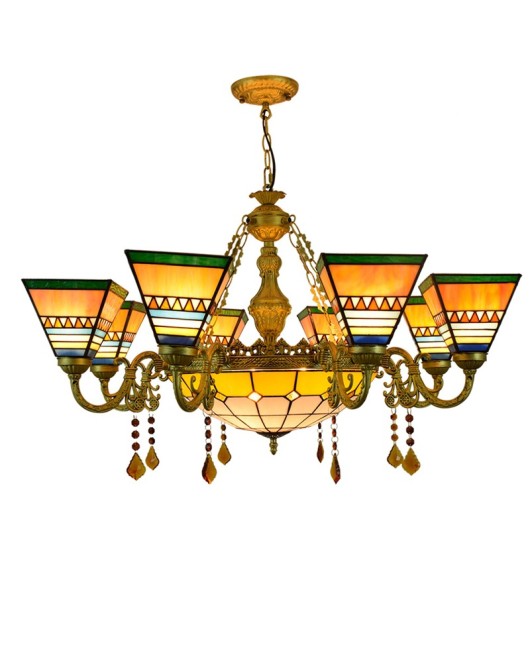 Retro square European style Tiffany colored glass living room, dining room, bedroom, multi head crystal chandelier, Southeast Asian style