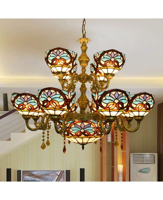 Retro Creativity, Tiffany Colored Glass Living Room, Dining Room, Double layered Villa, Large Pendant Lamp, Love Baroque Lamp