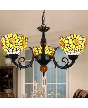 Europa Tiffany Vintage Colored Glass Restaurant Bedroom Bar Countryside Yellow Sunflower 3-Head Pendant Light