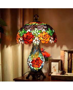 Rural creative retro rose mother and child desk lamp, European style Tiffany glass living room, bedroom, hotel bar lighting