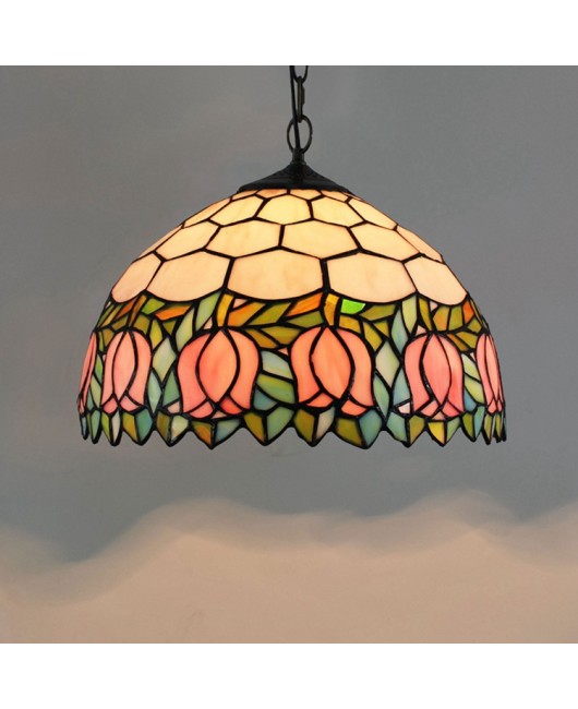 Europa Tiffany Glass Lamp Countryside Colored Glass Art Bar Restaurant Pink Tulip Pendant 12 inches