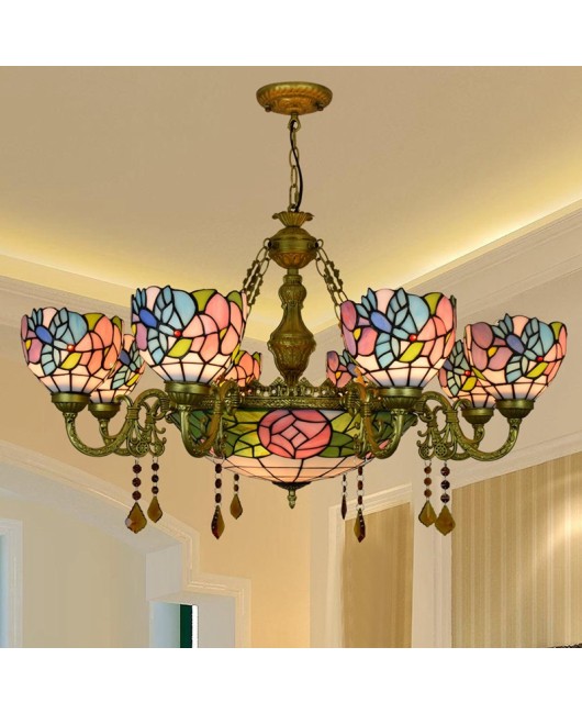 Europa Tiffany Vintage Creative Colored Glass Living Room Dining Room Multi Head Crystal Pendant Light Bar Clubhouse Bird Light