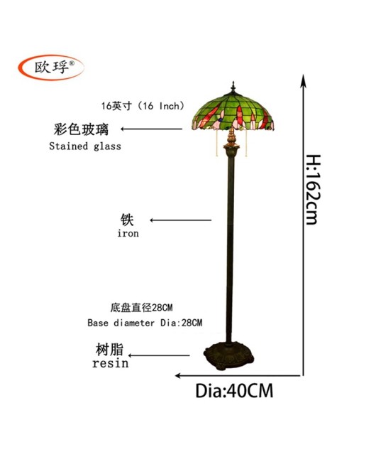 16 inch European Tiffany colored glass dining room bedroom floor lamp, rustic green retro standing lamp