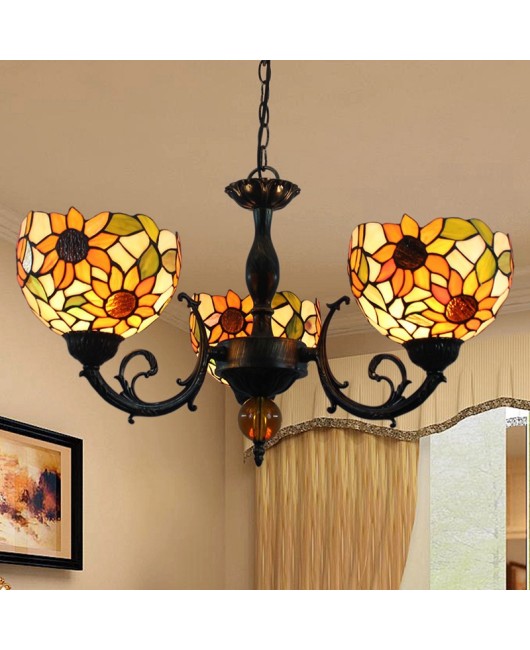 Europa Tiffany Vintage Colored Glass Living Room Dining Room Bedroom Bar Sunflower Countryside Triple Head Pendant Light