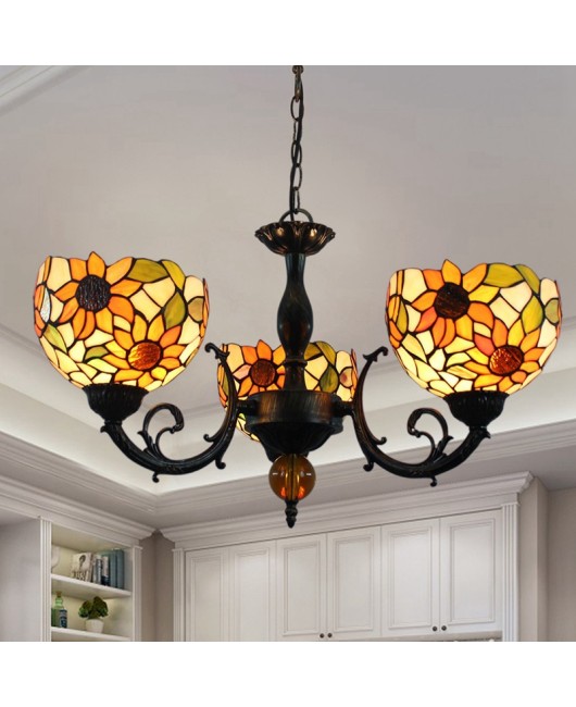 Europa Tiffany Vintage Colored Glass Living Room Dining Room Bedroom Bar Sunflower Countryside Triple Head Pendant Light