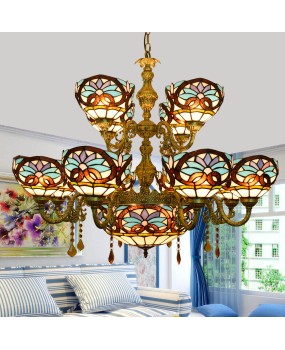 Retro Creativity, Tiffany Colored Glass Living Room, Dining Room, Double layered Villa, Large Pendant Lamp, Love Baroque Lamp