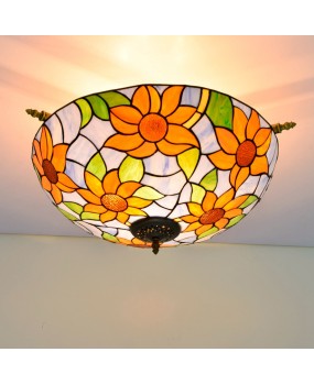 55CM European Tiffany Colored Glass Living Room Dining Room Bar Bedroom Art Semi Ceiling Light Blue Sunflower