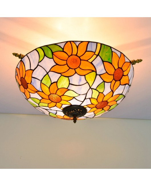 55CM European Tiffany Colored Glass Living Room Dining Room Bar Bedroom Art Semi Ceiling Light Blue Sunflower