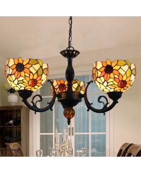 Europa Tiffany Vintage Colored Glass Living Room Dining Room Bedroom Bar Sunflower Countryside Triple Head Pendant Light