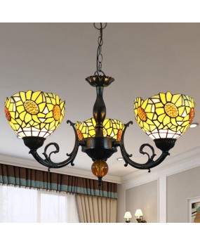 Europa Tiffany Vintage Colored Glass Restaurant Bedroom Bar Countryside Yellow Sunflower 3-Head Pendant Light