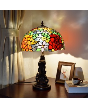 Europa Tiffany Vintage Countryside Rose Living Room Dining Room Bedroom Bedside Table Lamp Bar Decorative Glass Lamp