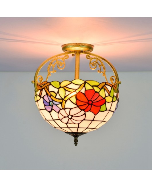 30CM Eu Cong Tiffany Countryside Morning Glory Colored Glass Restaurant Bedroom Corridor Glass Half Ceiling Light