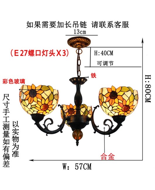 Europa Tiffany Vintage Colored Glass Living Room Dining Room Bedroom Bar Sunflower Countryside Triple Head Pendant Light