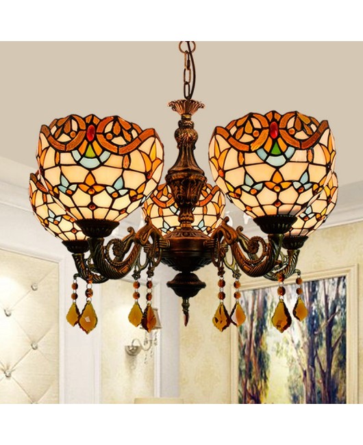 Europa Tiffany Vintage Creative Colored Glass Living Room Dining Room Bedroom Bar Crystal Baroque 5-Head Pendant Light