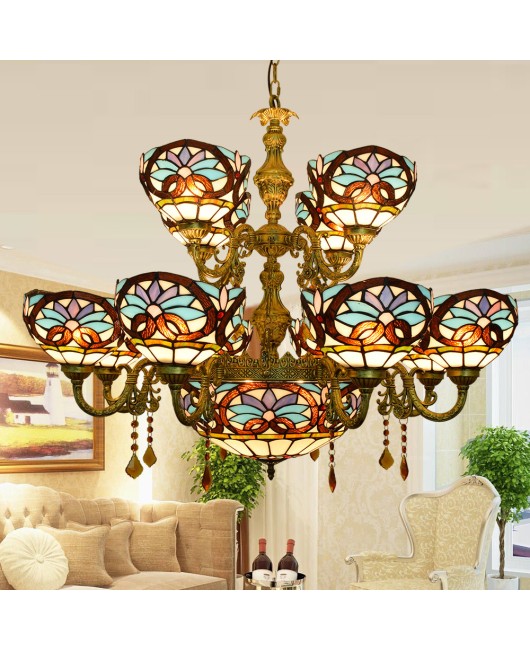 Retro Creativity, Tiffany Colored Glass Living Room, Dining Room, Double layered Villa, Large Pendant Lamp, Love Baroque Lamp