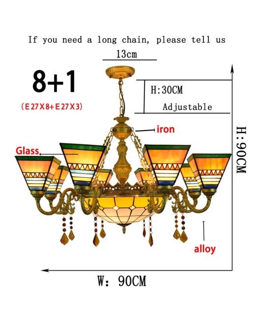 Retro square European style Tiffany colored glass living room, dining room, bedroom, multi head crystal chandelier, Southeast Asian style