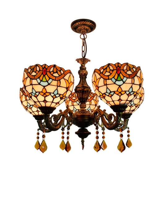 Europa Tiffany Vintage Creative Colored Glass Living Room Dining Room Bedroom Bar Crystal Baroque 5-Head Pendant Light