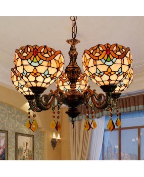 Europa Tiffany Vintage Creative Colored Glass Living Room Dining Room Bedroom Bar Crystal Baroque 5-Head Pendant Light