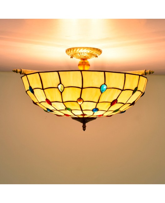 55CM European Tiffany Colored Glass Guest Restaurant Bar Bedroom Art Semi Ceiling Light Colored Bead Art