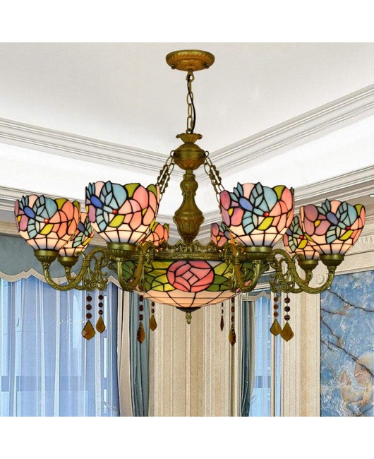 Europa Tiffany Vintage Creative Colored Glass Living Room Dining Room Multi Head Crystal Pendant Light Bar Clubhouse Bird Light