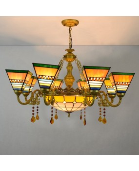 Retro square European style Tiffany colored glass living room, dining room, bedroom, multi head crystal chandelier, Southeast Asian style