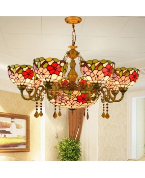 Europa Tiffany Vintage Countryside Red Joyful Morning Glory Restaurant Bar Clubhouse Multi Head Crystal Pendant Light