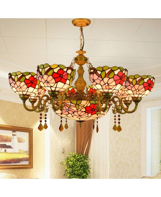 Europa Tiffany Vintage Countryside Red Joyful Morning Glory Restaurant Bar Clubhouse Multi Head Crystal Pendant Light