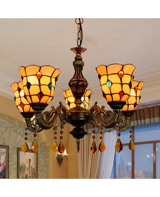 Europa Tiffany Vintage Creative Colored Glass Bar Clubhouse Living Room Dining Room Bedroom Warm Yellow 5-Head Pendant Light