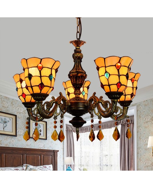 Europa Tiffany Vintage Creative Colored Glass Bar Clubhouse Living Room Dining Room Bedroom Warm Yellow 5-Head Pendant Light