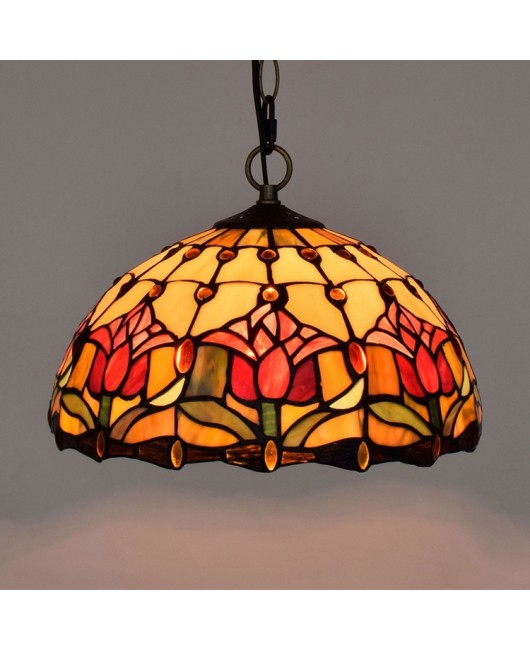 12 inch red tulip bar and restaurant colored glass pendant lamp, Tiffany light luxury lamp, countryside glass lamp