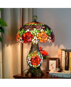 Rural creative retro rose mother and child desk lamp, European style Tiffany glass living room, bedroom, hotel bar lighting