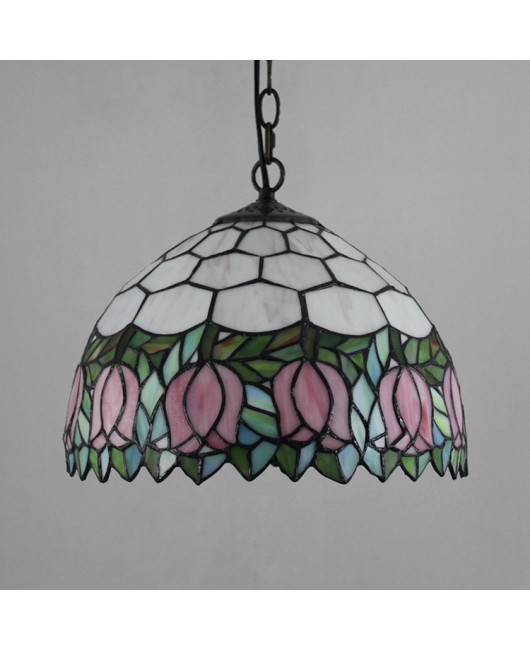 Europa Tiffany Glass Lamp Countryside Colored Glass Art Bar Restaurant Pink Tulip Pendant 12 inches