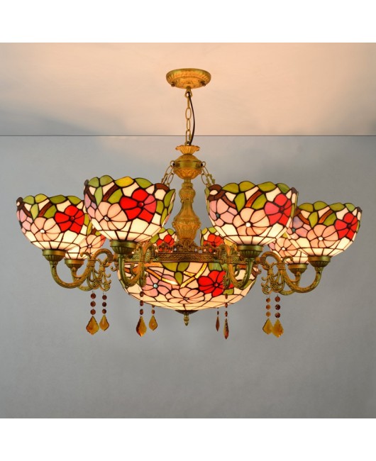 Europa Tiffany Vintage Countryside Red Joyful Morning Glory Restaurant Bar Clubhouse Multi Head Crystal Pendant Light