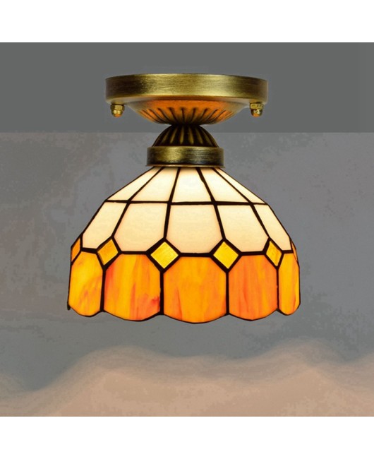 20CM Europa Tiffany Light Luxury Colored Glass Corridor Balcony Small Ceiling Light Mediterranean Yellow and White Grid