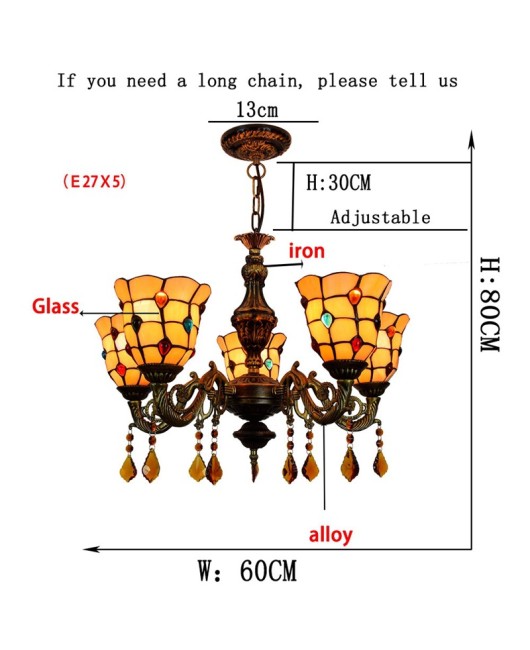 Europa Tiffany Vintage Creative Colored Glass Bar Clubhouse Living Room Dining Room Bedroom Warm Yellow 5-Head Pendant Light