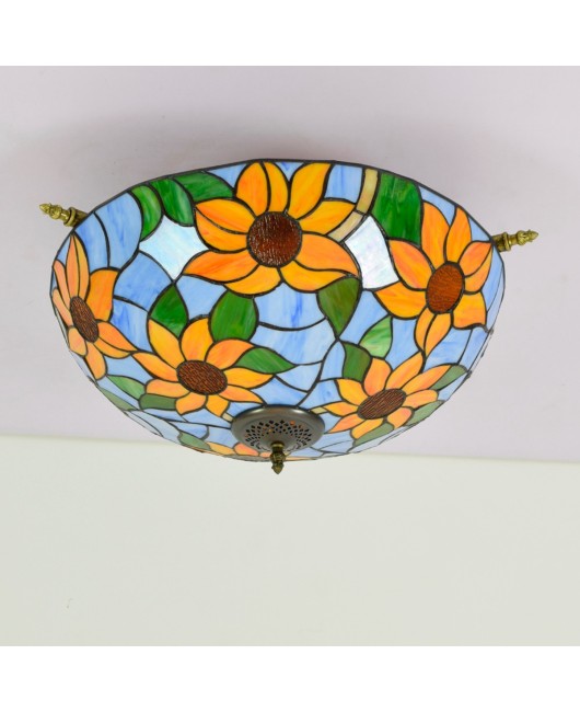 55CM European Tiffany Colored Glass Living Room Dining Room Bar Bedroom Art Semi Ceiling Light Blue Sunflower