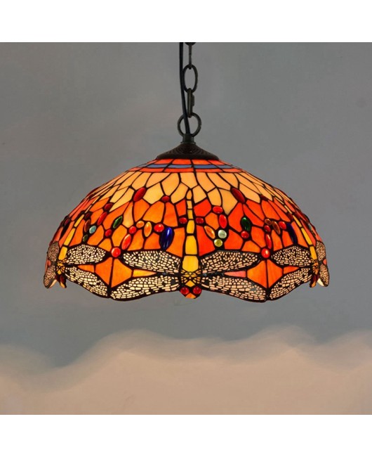 Europa Tiffany Countryside Colored Glass Living Room Restaurant Retro Bar Red Dragonfly Pendant 40CM