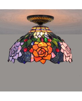 Ouxiu Tiffany 30CM Countryside Rose Colored Glass Restaurant Bedroom Corridor Bathroom Ceiling Light Fixture