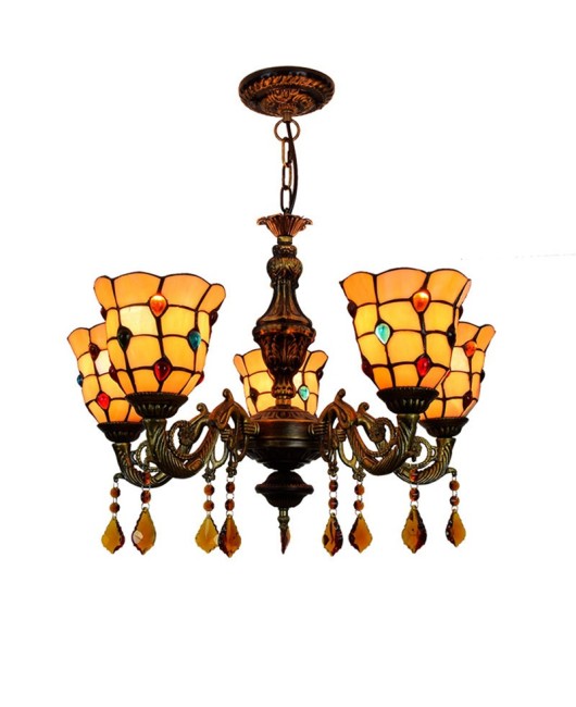 Europa Tiffany Vintage Creative Colored Glass Bar Clubhouse Living Room Dining Room Bedroom Warm Yellow 5-Head Pendant Light