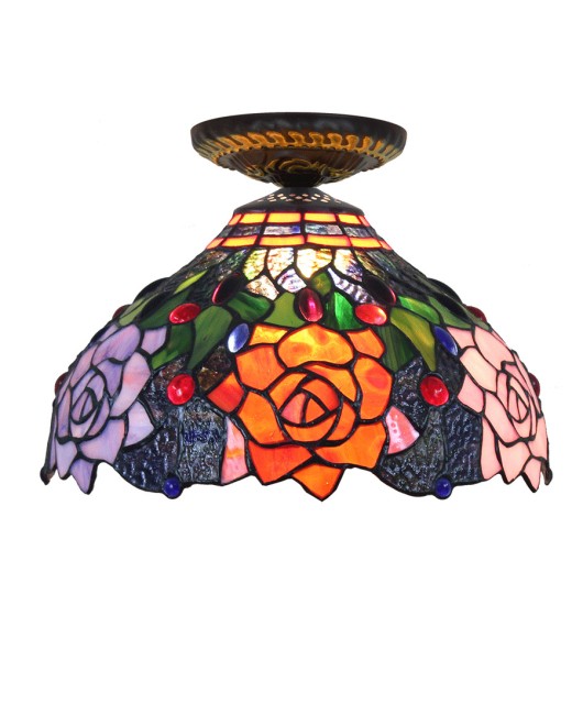 Ouxiu Tiffany 30CM Countryside Rose Colored Glass Restaurant Bedroom Corridor Bathroom Ceiling Light Fixture