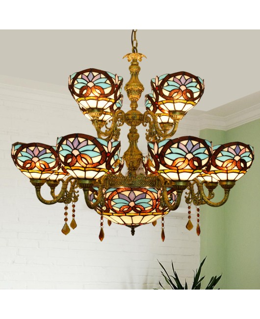 Retro Creativity, Tiffany Colored Glass Living Room, Dining Room, Double layered Villa, Large Pendant Lamp, Love Baroque Lamp